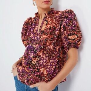 Ulla Johnson Blouse Imari Floral Print Puff Sleeve Top Multi v neck